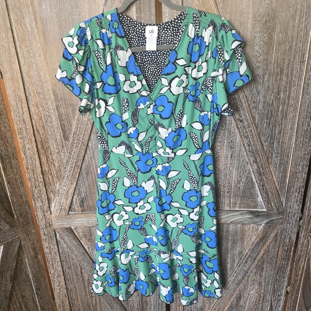 Cabi Dress Women's Size Medium Green Blue Black Floral Polka Dot Reversible 6148